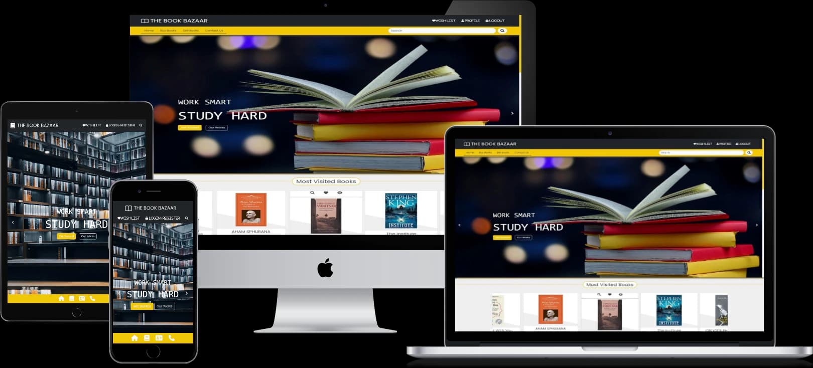 The Book Bazaar shown on a desktop monitor, laptop, tablet and phone: a yellow-and-black storefront with the slogan “Work smart, study hard” and a row of most-visited books.