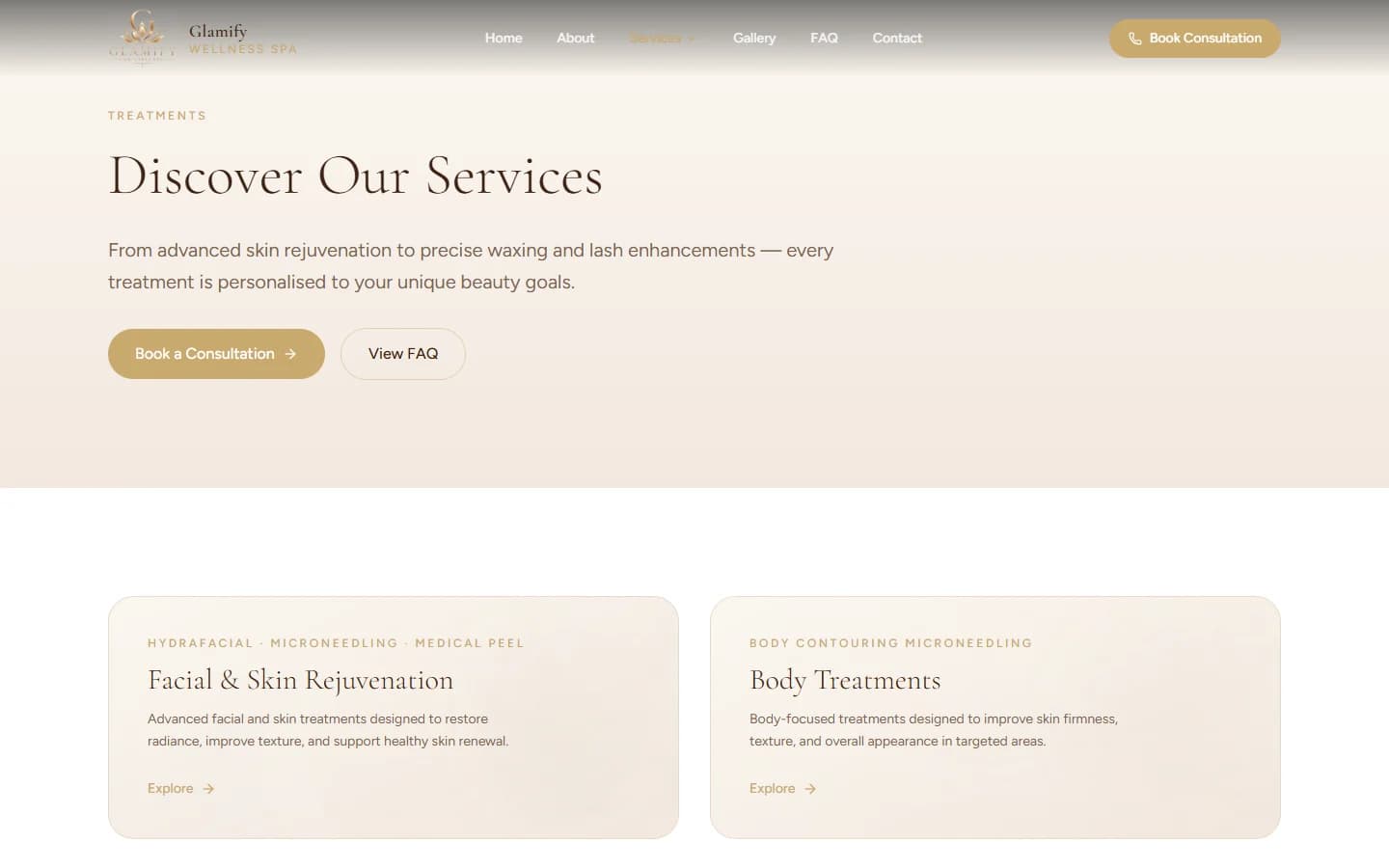 Glamify services page headed “Discover Our Services”, with cards for facial and skin rejuvenation and body treatments on a warm cream background.