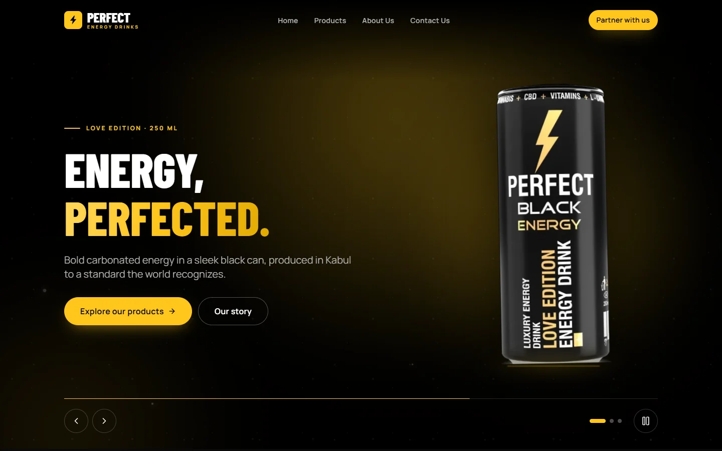 Perfect Energy Drinks homepage: a black hero with the headline “Energy, perfected.” in white and yellow beside a black Perfect Black Energy can, with “Explore our products” and “Our story” buttons.