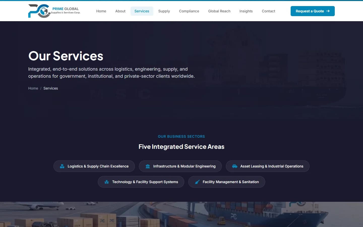 Prime Global services page headed “Our Services”, listing five integrated service areas as pill buttons on a dark background.