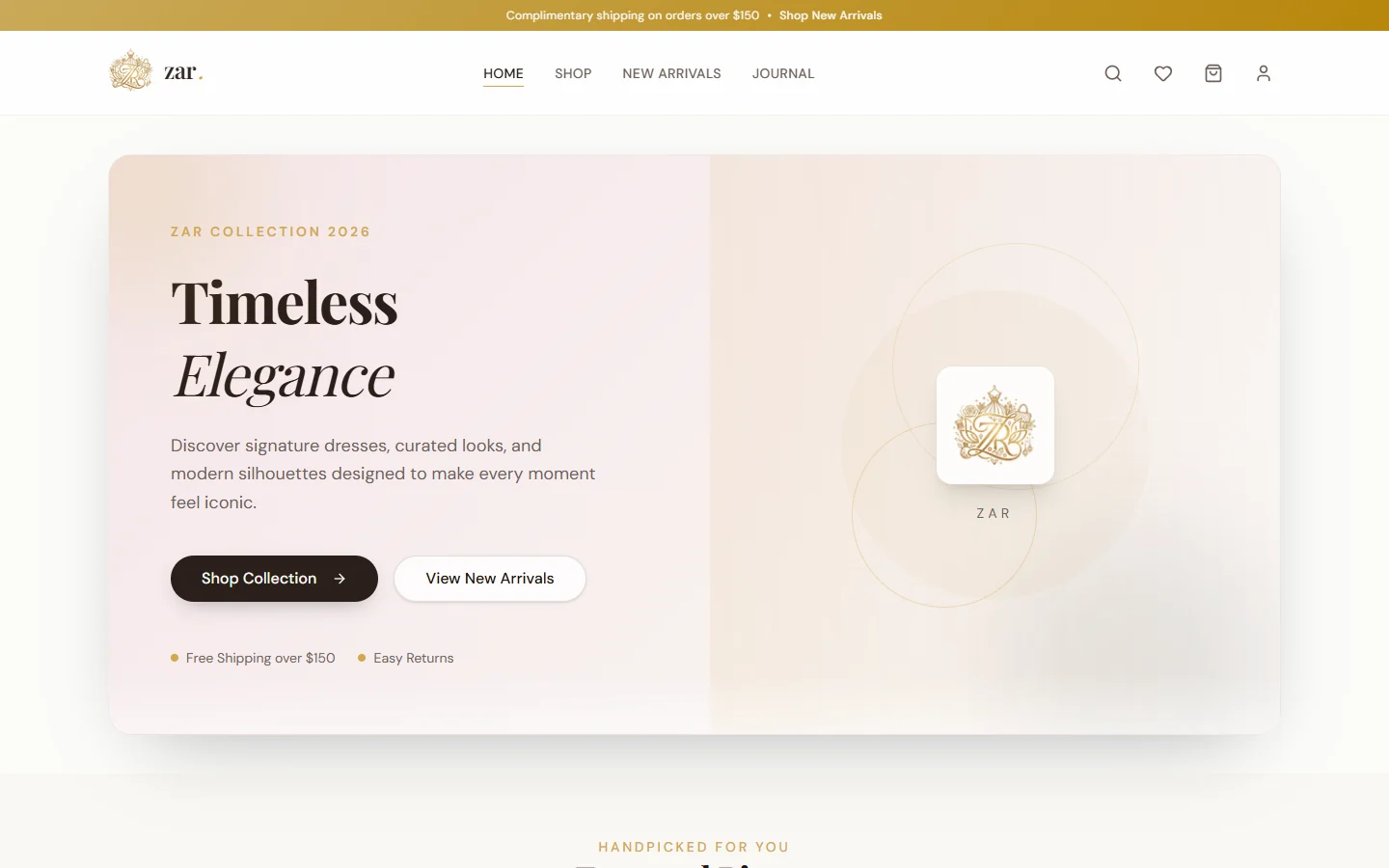 zar homepage: a cream hero card reading “Timeless Elegance” with “Shop Collection” and “View New Arrivals” buttons, beside the gold zar emblem.