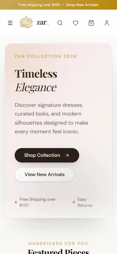 zar homepage on a phone, with the shipping banner, logo, icons and the “Timeless Elegance” hero.