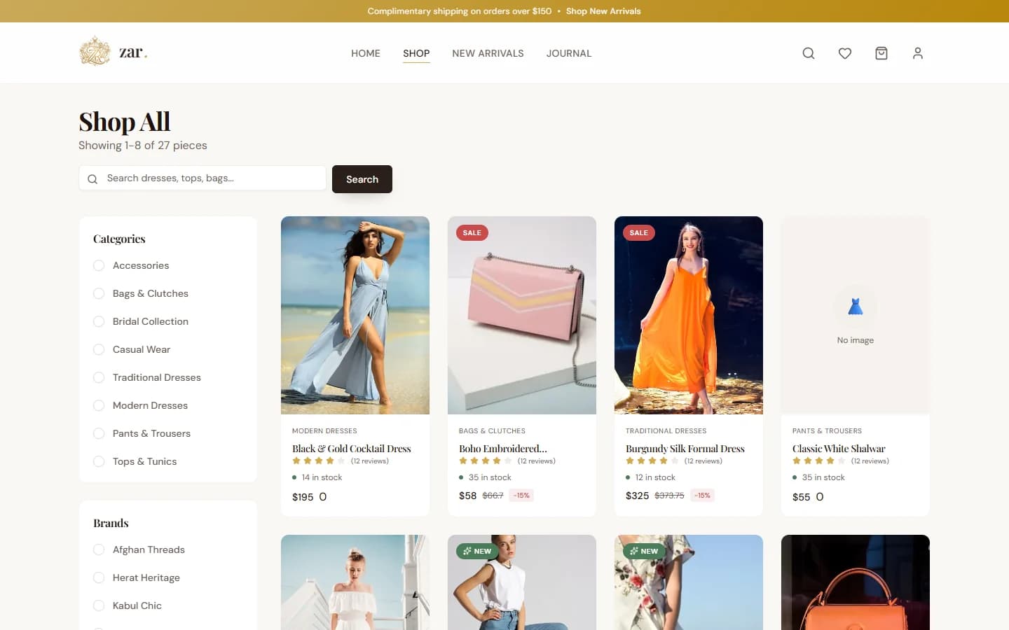 zar shop page: a search box and category and brand filters on the left, and a grid of dresses and bags with prices, ratings and stock levels.