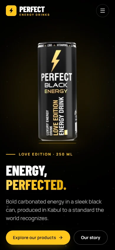 Perfect Energy homepage on a phone, with the logo, menu button and the “Energy, perfected.” headline.