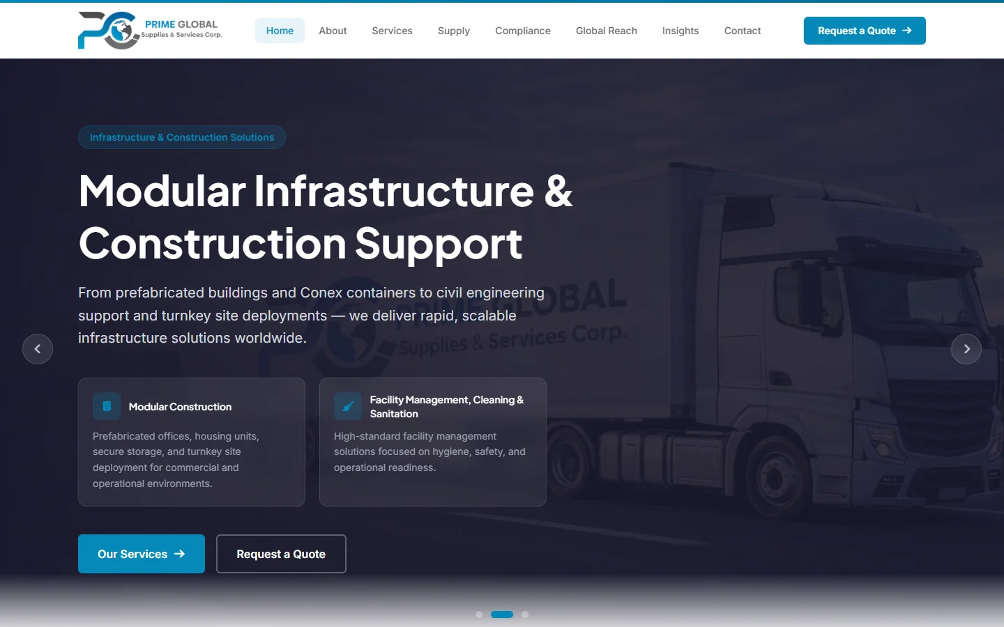 Prime Global homepage: a dark hero over a truck photo reading “Modular Infrastructure & Construction Support”, with service cards and “Our Services” and “Request a Quote” buttons.